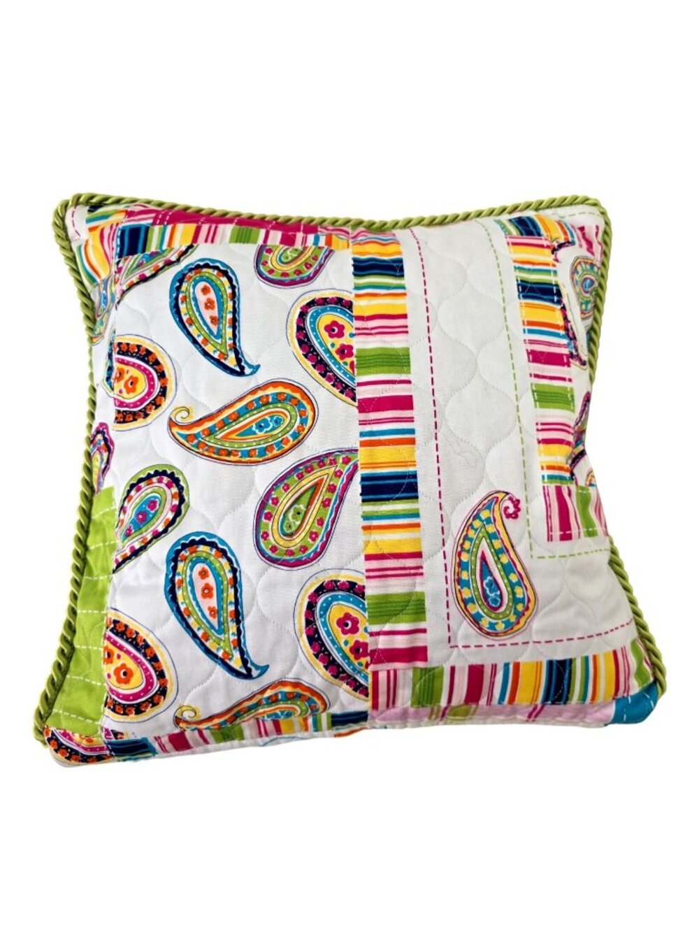 Handmade Quilted Pillow Cover 18x18 Boho Pink Paisley Green Rope Trim Zipper NEW